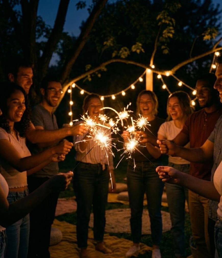 A group of friends stands in a circle outdoors at night, each holding a lit sparkler. They are smiling and laughing under string lights hanging from trees, creating a warm and festive atmosphere.