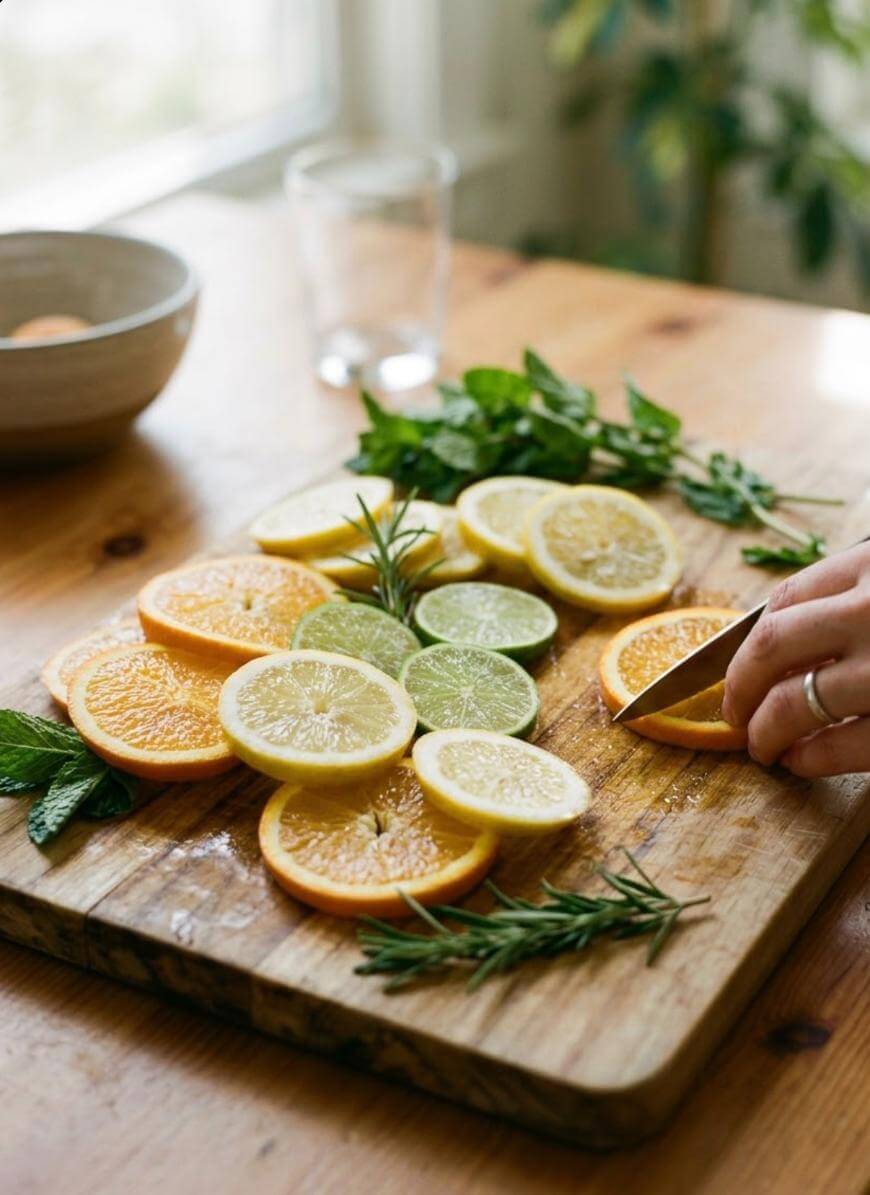 Slices of orange, lemon, and lime on a wooden cutting board with fresh herbs, while a hand holds a knife. A bowl, glass, and potted plant are in the softly lit background.