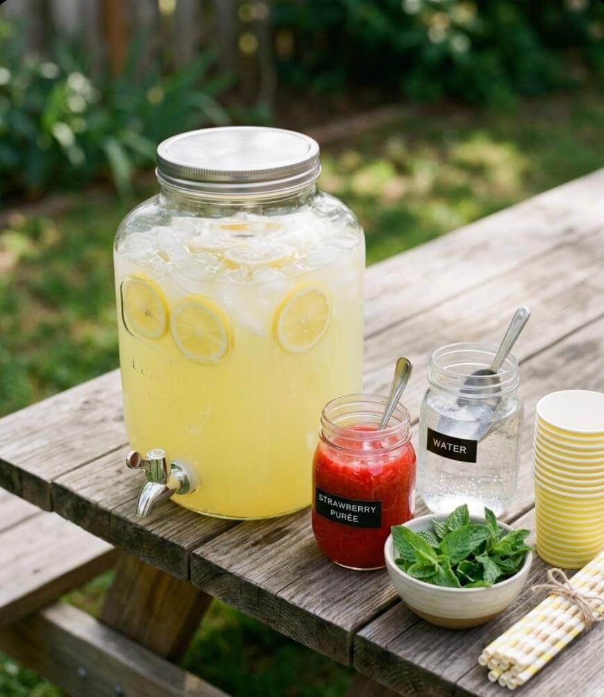 A glass dispenser filled with iced lemonade and lemon slices sits on a picnic table next to jars labeled “Strawberry Puree” and “Water,” a bunch of mint leaves, striped straws, and a stack of yellow cups.