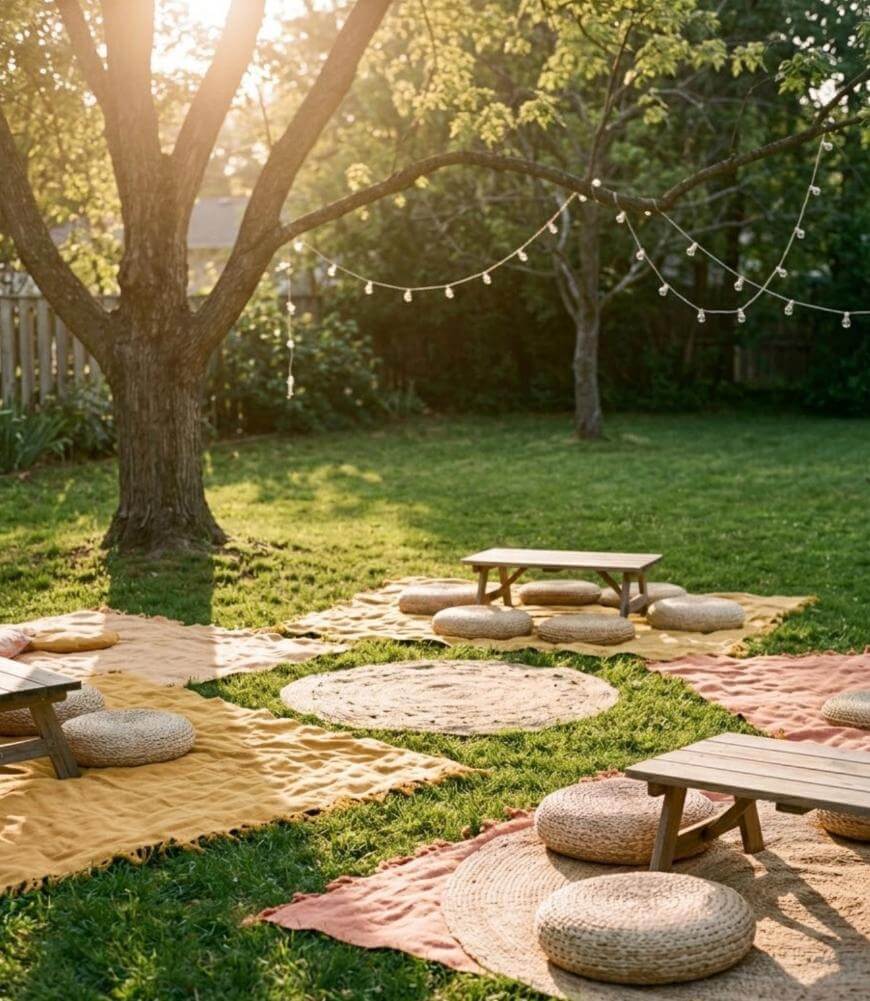 A sunlit backyard with picnic blankets, round wicker cushions, small wooden tables, and string lights hanging from a tree, creating a cozy outdoor seating area.