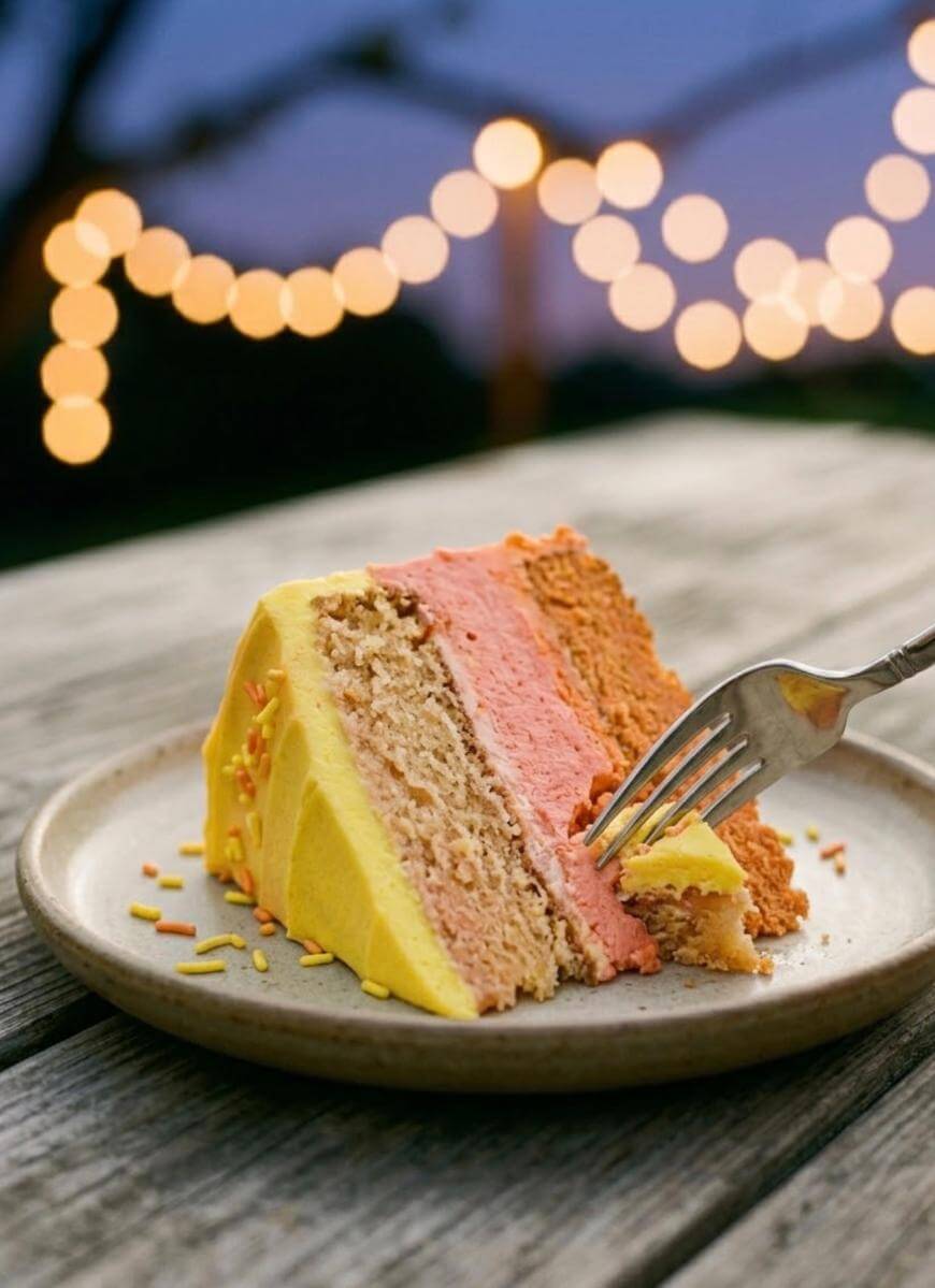 A slice of layered cake with yellow and pink frosting sits on a plate on a wooden table. A fork is cutting into it. Blurred string lights glow in the background, creating a festive evening atmosphere.
