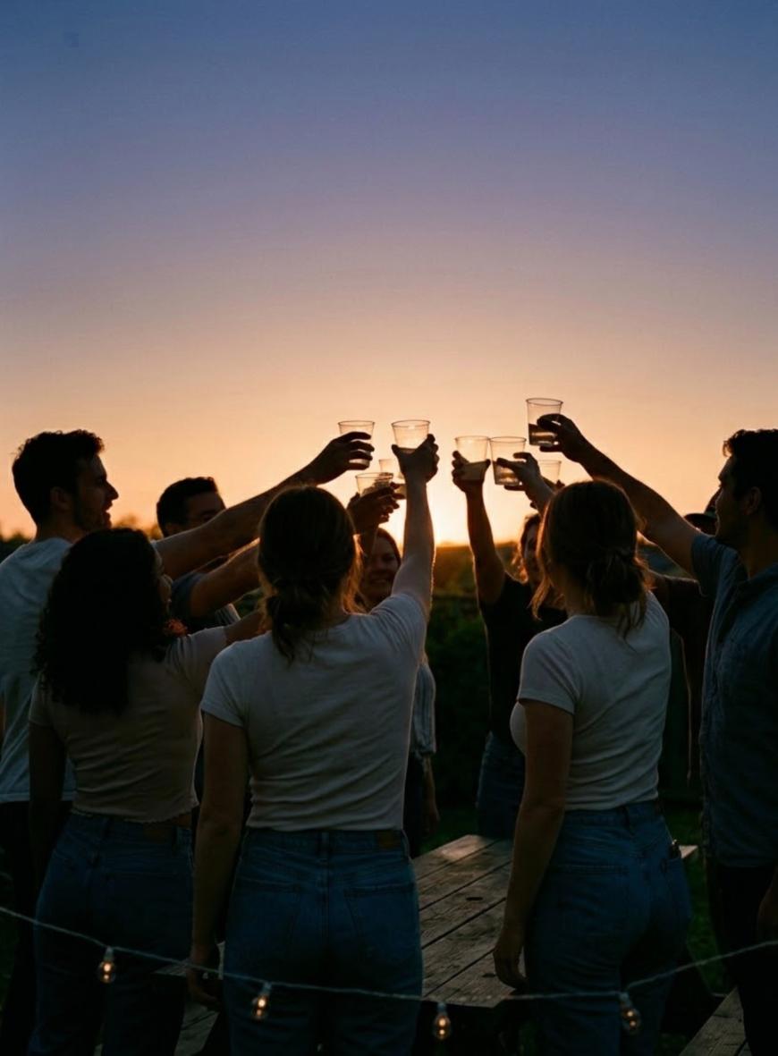 A group of people standing outdoors at sunset raise their glasses together in a celebratory toast, silhouetted against the colorful sky.