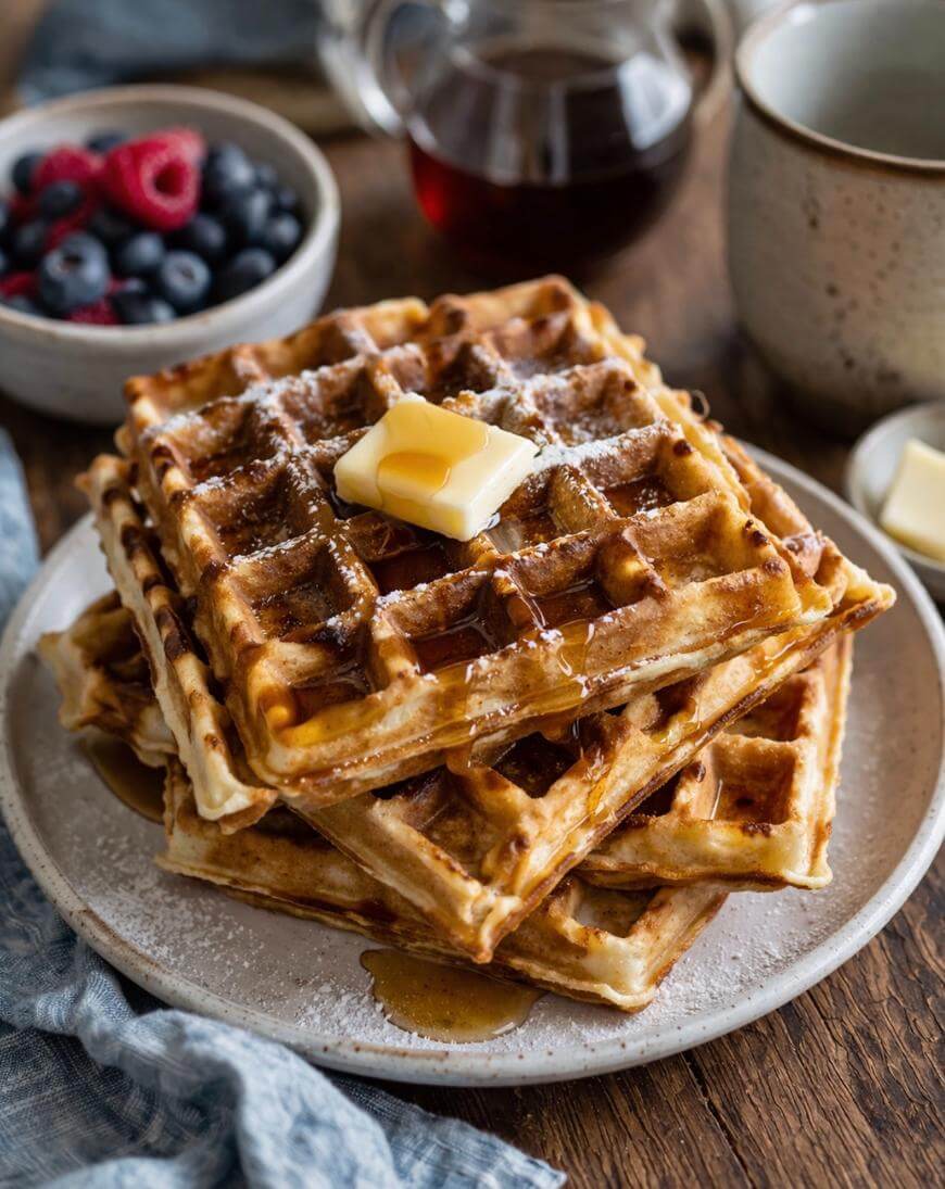 A stack of golden waffles topped with a pat of butter and drizzled with syrup sits on a plate. A bowl of fresh berries, a cup, and a small pitcher of syrup are in the background on a wooden table.