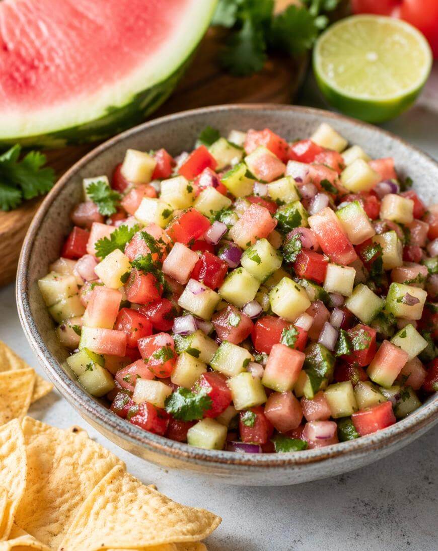 A bowl of fresh watermelon salsa with diced watermelon, cucumber, tomato, red onion, and cilantro. Lime, watermelon, and tortilla chips are visible in the background.