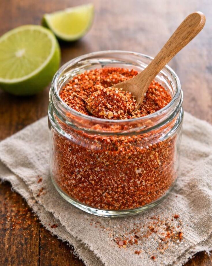 A glass jar filled with chili-lime seasoning sits on a beige cloth, with a wooden spoon resting inside. In the background, a halved lime and a lime wedge are on a wooden surface.