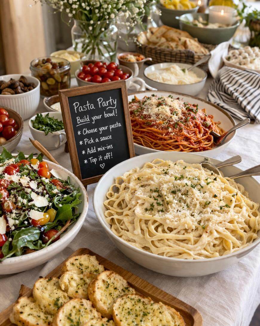 A pasta party buffet with bowls of pasta, sauces, salad, bread, and toppings on a table. A chalkboard sign lists steps to build a pasta bowl: choose pasta, pick a sauce, add mix-ins, and top it off.
