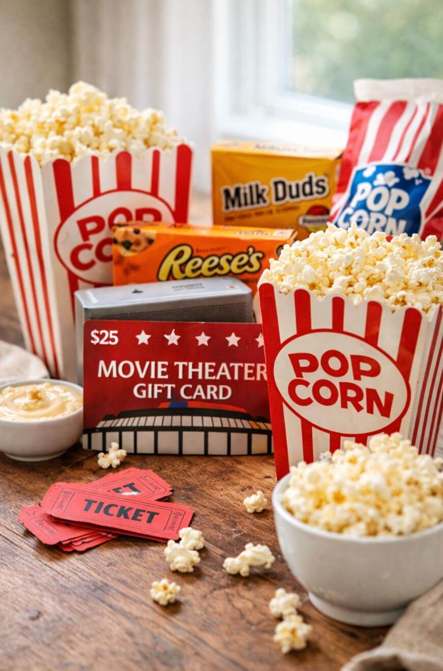 A movie night setup with striped popcorn containers, a bowl of popcorn, boxes of Milk Duds and Reese’s, a $25 movie theater gift card, red admit-one tickets, and spilled popcorn on a wooden table.