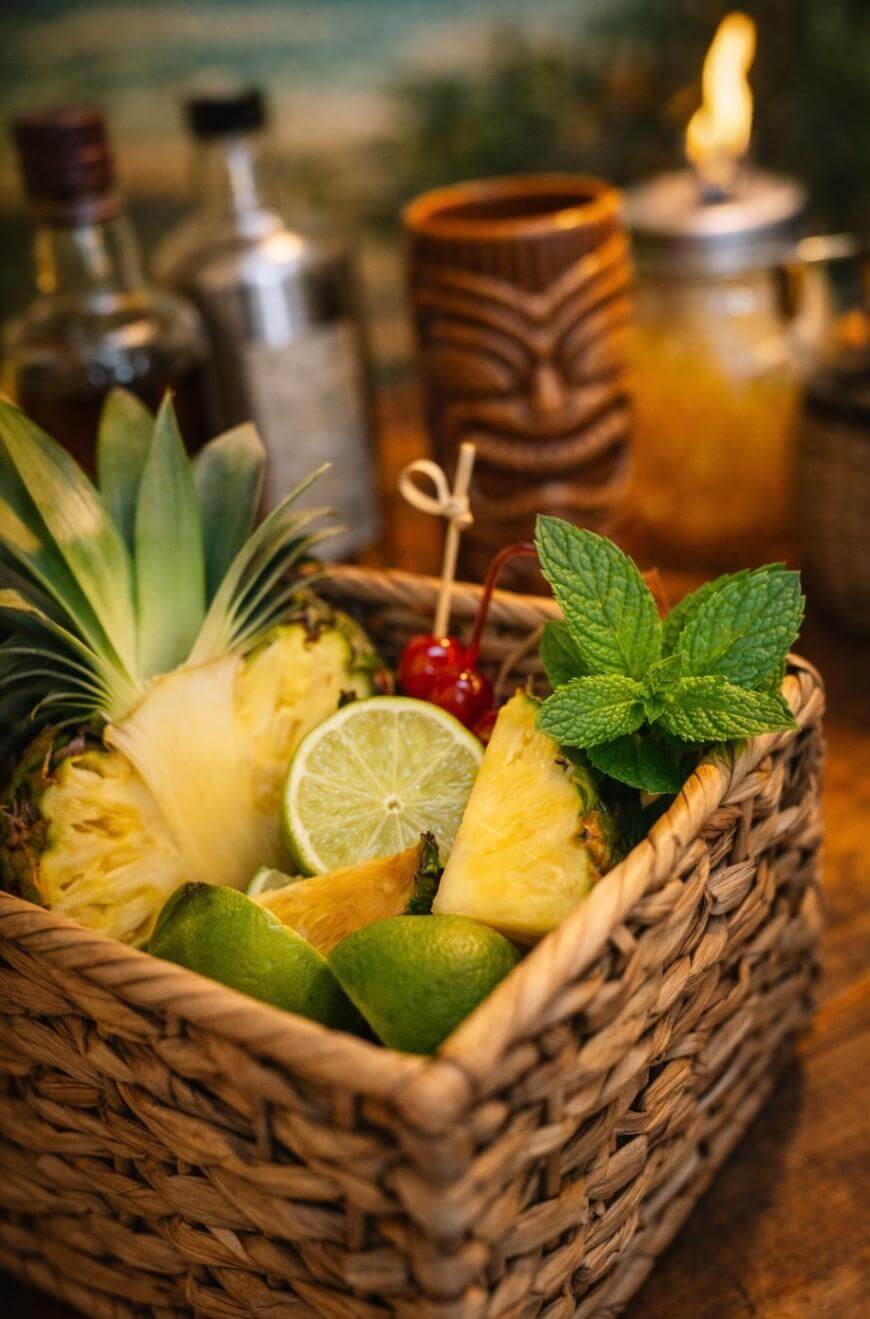 A woven basket filled with pineapple slices, lime halves, a cherry, and mint leaves, set on a wooden surface with bottles and a tiki mug blurred in the background.