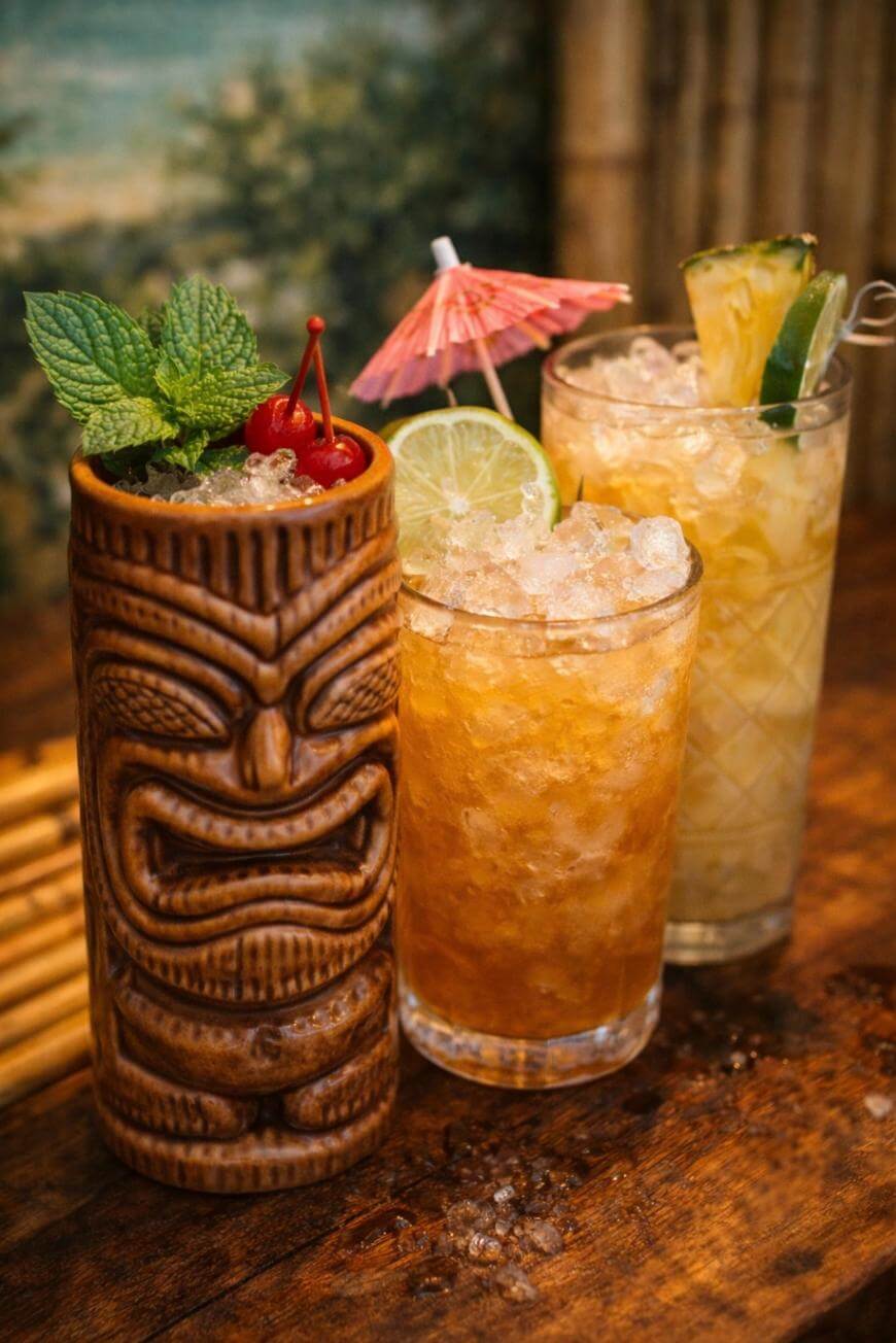 Three tropical cocktails on a wooden table: a tiki mug with mint and cherry garnish, a glass with crushed ice, lime, and a paper umbrella, and another glass with crushed ice, pineapple slice, and lime.