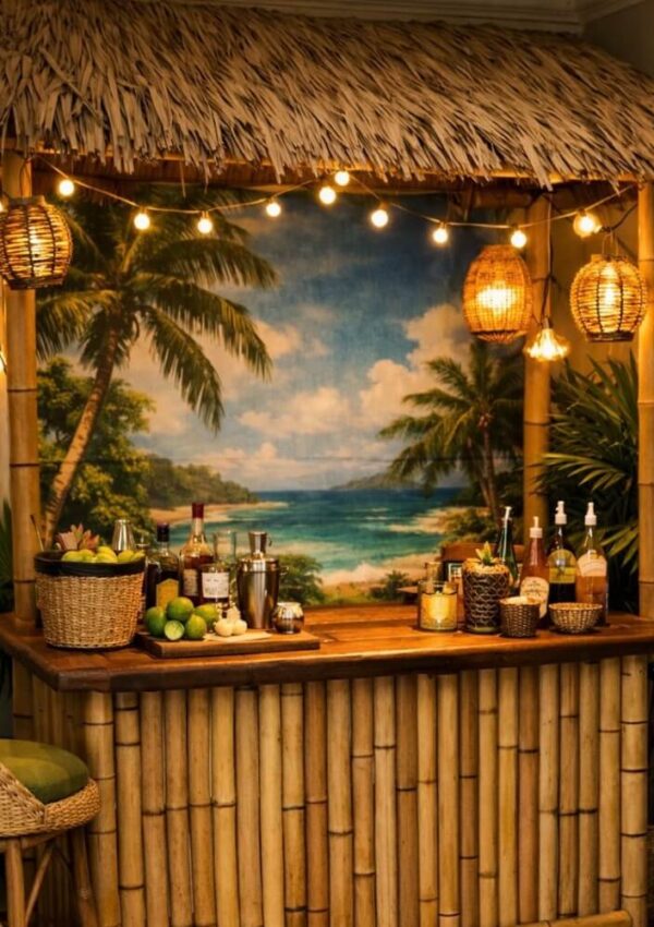 A tropical-themed tiki bar with a thatched roof, bamboo counter, string lights, and hanging lanterns. The backdrop features a beach scene with palm trees and ocean. The bar is stocked with fruit, bottles, and cocktail supplies.