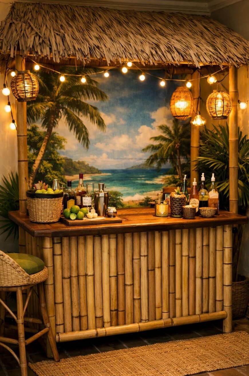 A bamboo tiki bar with a thatched roof, tropical drinks, fresh limes, string lights, and woven decor, set against a beach and palm tree mural for a tropical atmosphere.