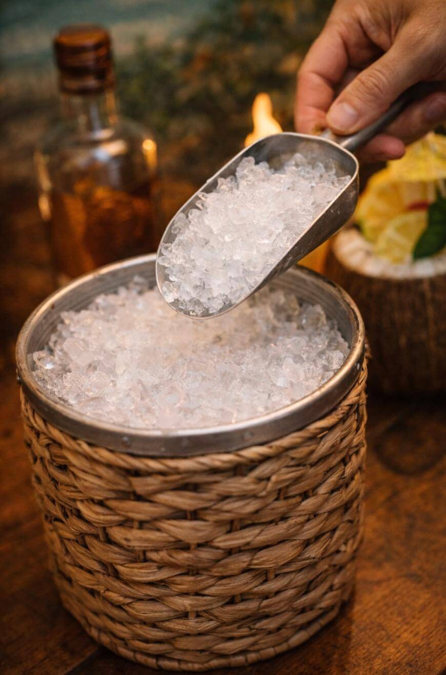 A hand holds a metal scoop filled with crushed ice over a small woven basket ice bucket. A bottle and a bowl with sliced citrus fruits are blurred in the background.