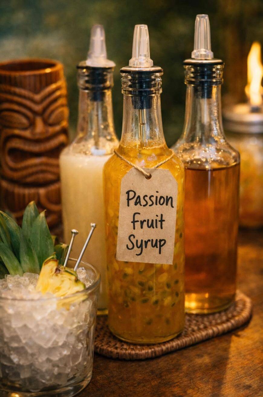 Three glass bottles of syrup, including one labeled Passion fruit Syrup, are arranged on a woven mat. In the foreground, there is a glass filled with crushed ice, pineapple slices, and cocktail picks.