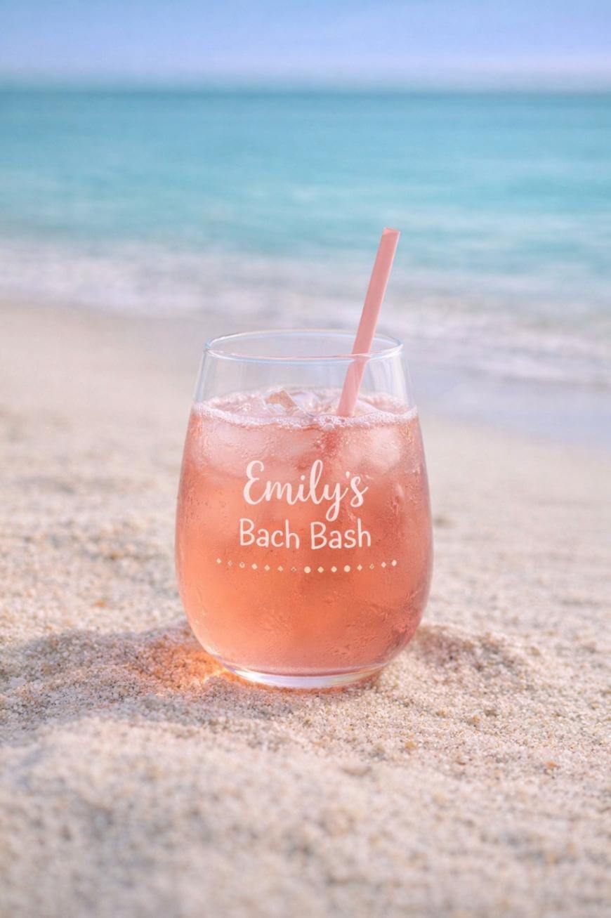 A pink drink with ice and a straw in a glass labeled Emilys Bach Bash sits on sandy beach with turquoise ocean and blue sky in the background.