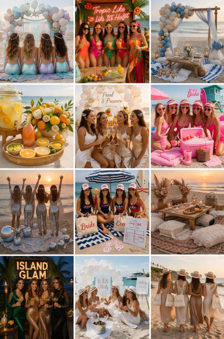 A collage of beach-themed bachelorette party scenes, including women in swimsuits and dresses, tropical drinks, decorative setups with balloons and flowers, and friends celebrating with party props at sunset by the ocean.
