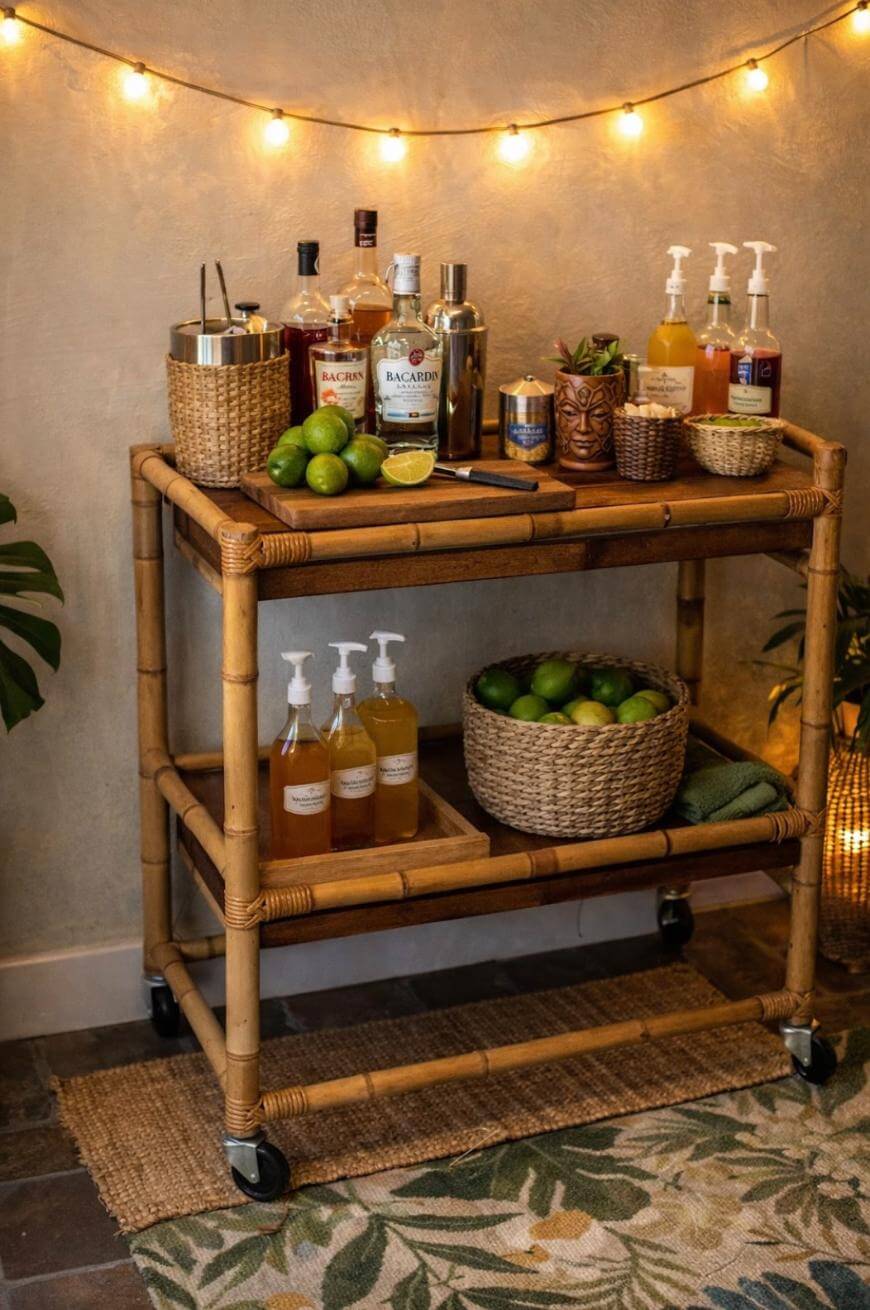 A bamboo bar cart with bottles of liquor, cocktail syrups, limes, a tiki mug, and bar tools is set against a wall with string lights. A woven basket and folded towels are on the lower shelf. Tropical decor surrounds the cart.