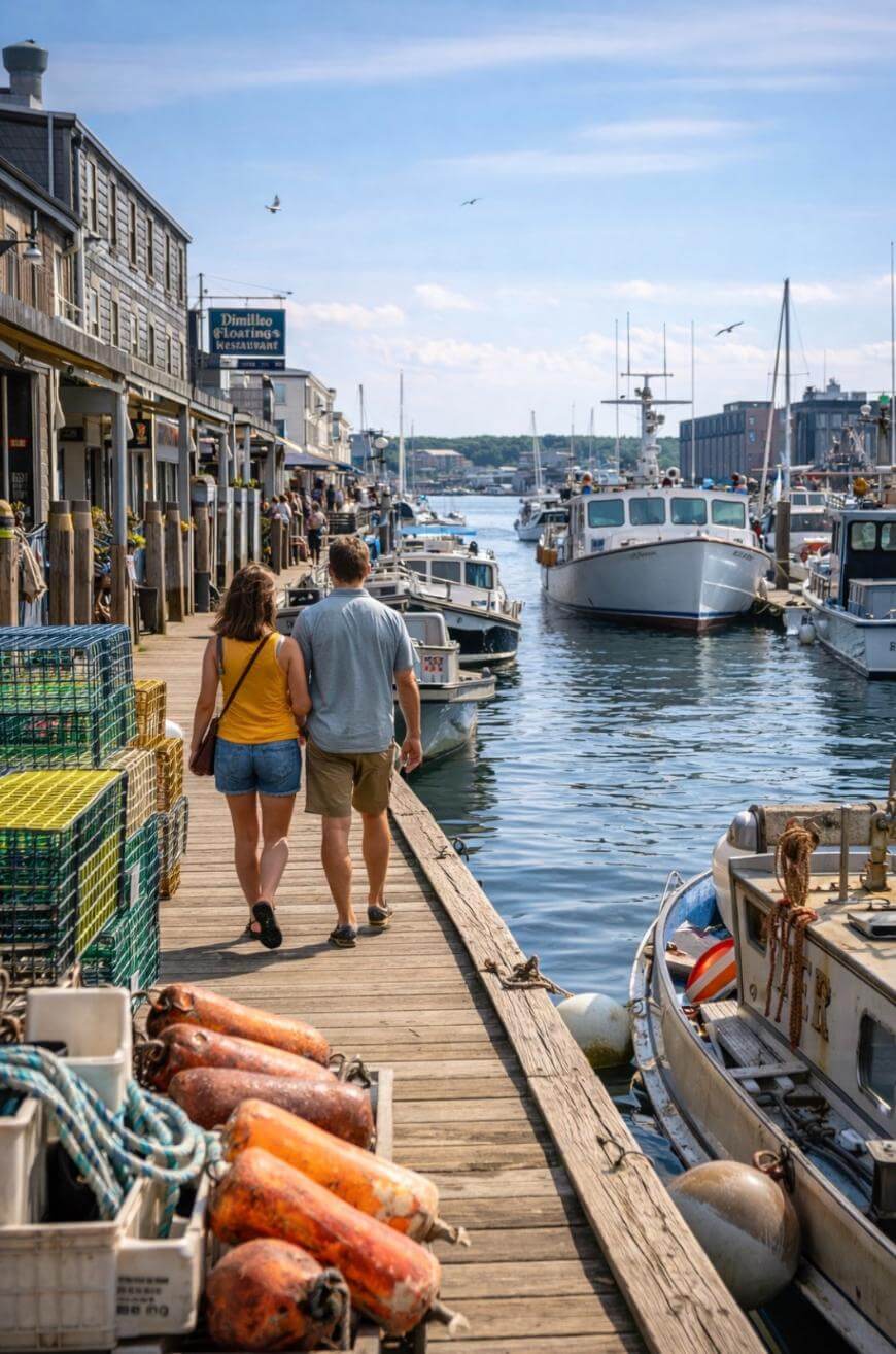 A couple walks hand-in-hand along a wooden dock lined with lobster traps and boats, with waterfront buildings on the left and a clear sky overhead.