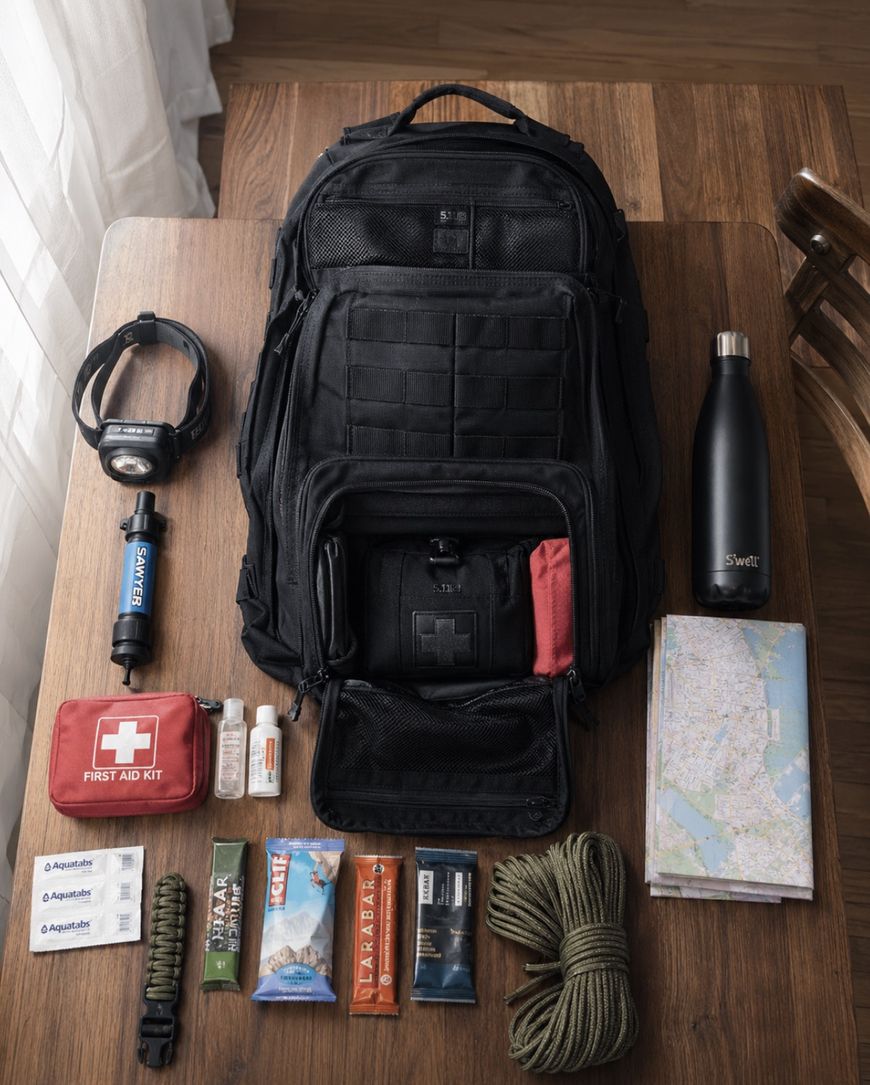 A black backpack sits on a wooden table surrounded by survival gear, including a headlamp, water filter, stainless steel bottle, map, first aid kit, snacks, rope, paracord, bandages, and hand sanitizer.