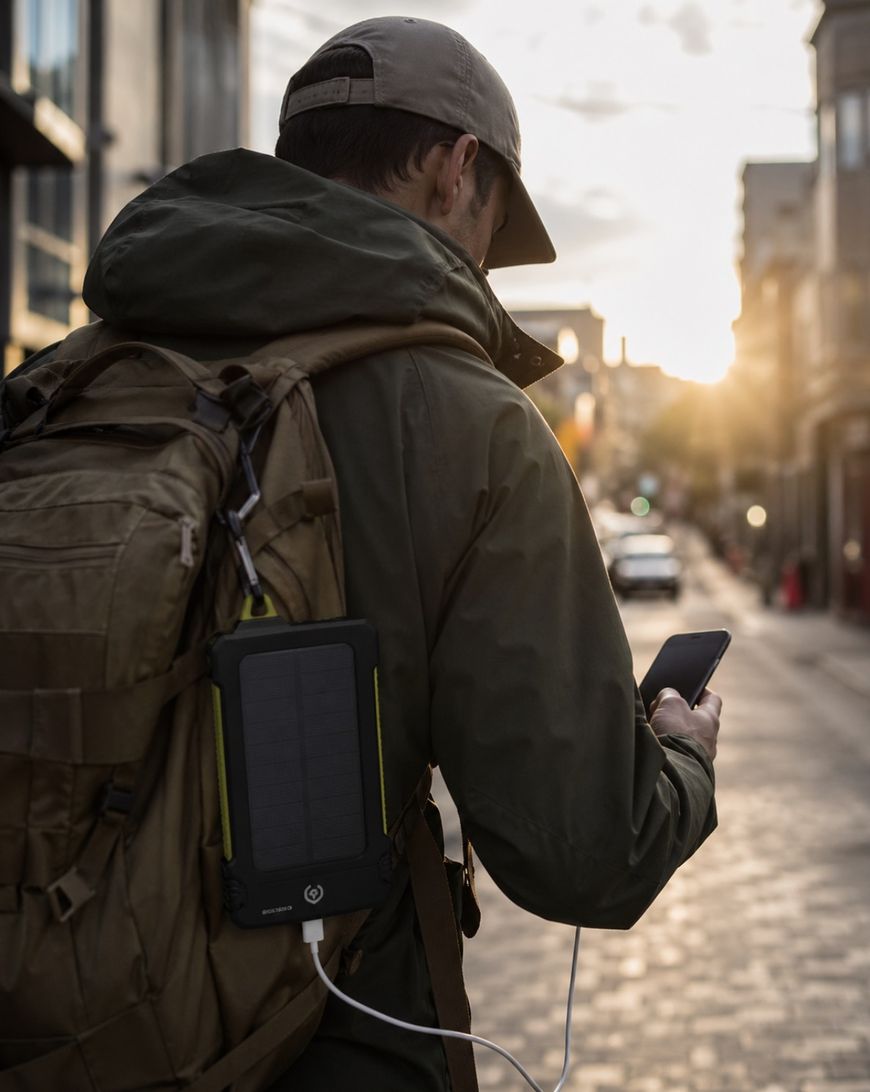 A person with a backpack walks down a sunlit city street, charging their phone with a portable solar charger attached to their bag.