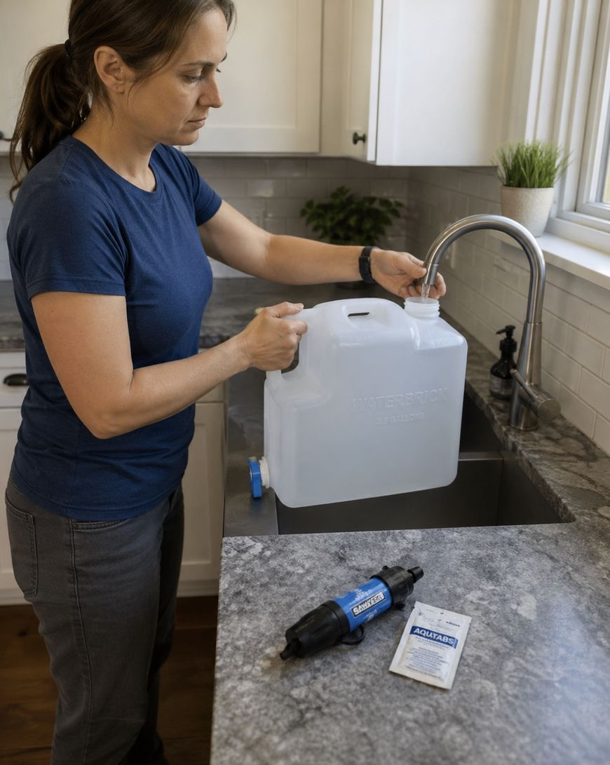 A woman fills a large white water container at a kitchen sink. On the counter are a water filter device and a packet labeled “AQUATABS.” The kitchen has white cabinets and a granite countertop.