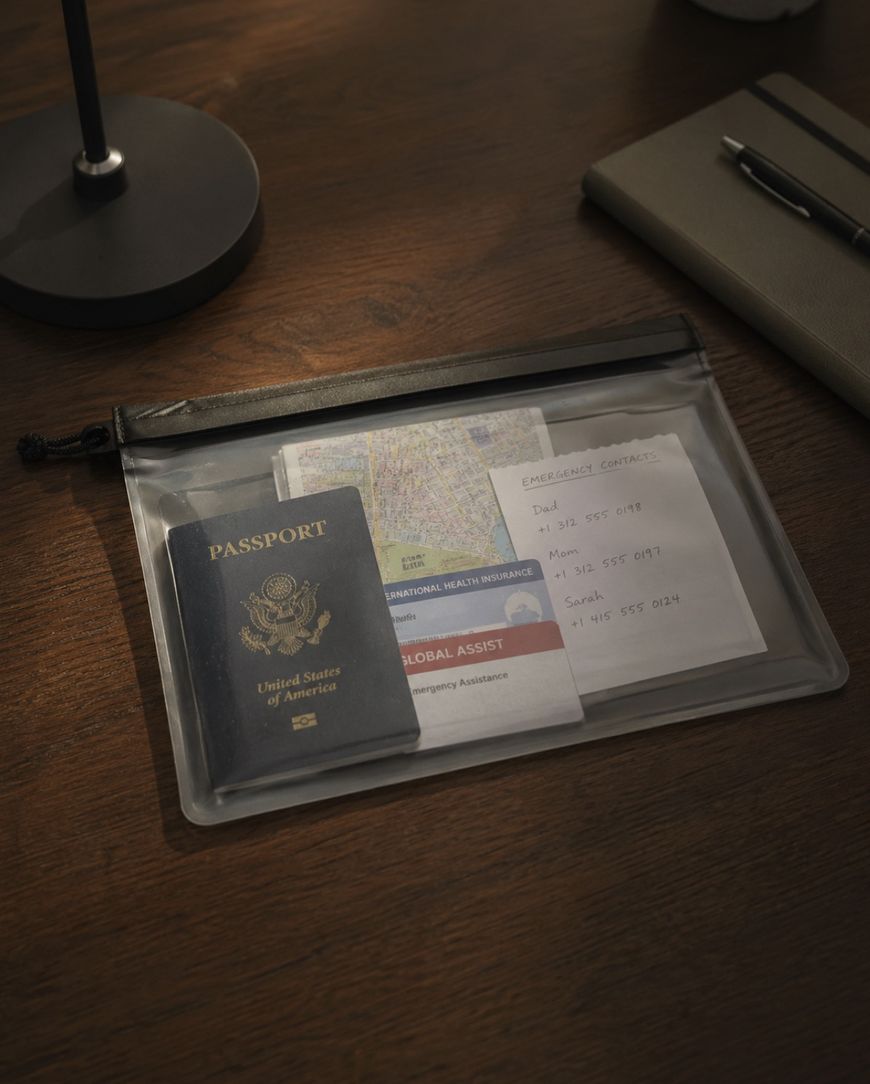 A clear zippered pouch on a wooden desk contains a U.S. passport, a map, travel insurance papers, and an emergency contact list. Nearby are a closed notebook and a pen.
