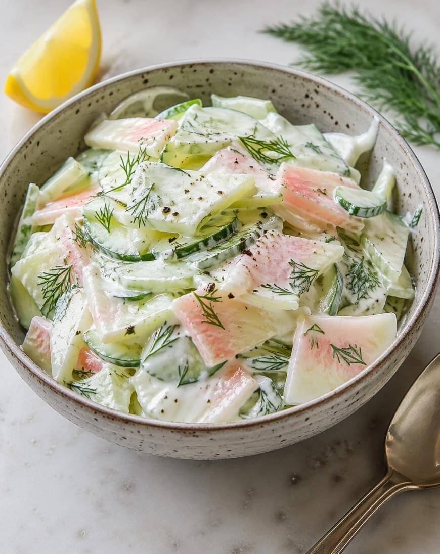 A bowl of creamy cucumber salad with sliced cucumber, pink watermelon radish, fresh dill, and black pepper, placed on a marble surface with a lemon wedge and dill sprig nearby, and a spoon beside the bowl.
