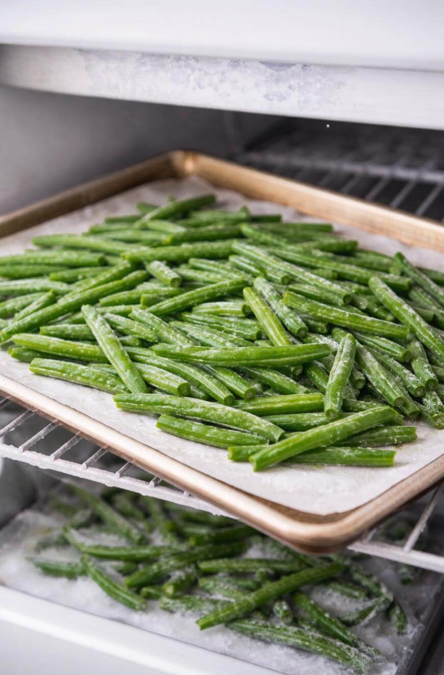 A baking sheet covered with frozen green beans sits on a rack inside a freezer, with more green beans visible on a lower shelf.