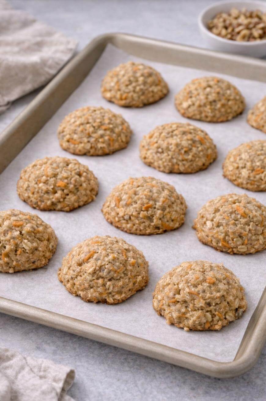 A baking sheet lined with parchment paper holds twelve freshly baked, round cookies with a textured, oatmeal-like appearance. A bowl of chopped nuts and a beige cloth are in the background.