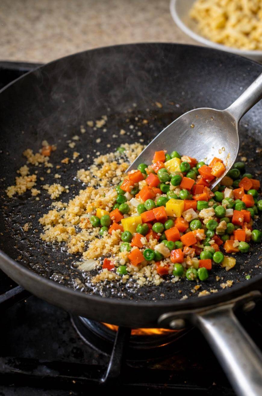 A metal spoon stirs mixed vegetables and cooked quinoa in a black frying pan on a stovetop, with steam rising from the pan.