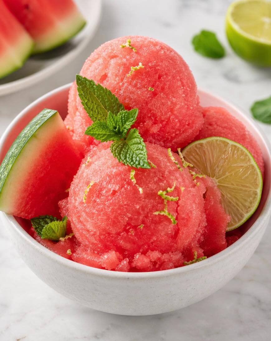 A white bowl filled with pink watermelon sorbet, garnished with a slice of lime, a wedge of watermelon, fresh mint leaves, and lime zest, on a marble surface with lime and watermelon in the background.