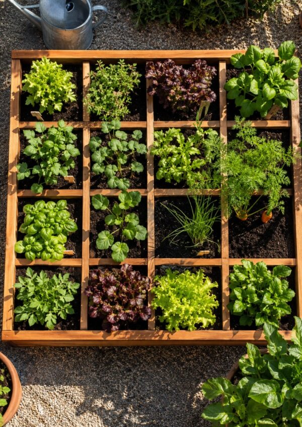 A productive garden features a wooden raised bed divided into a grid, each square filled with herbs and vegetables like lettuce, basil, chives, and leafy greens. A metal watering can rests nearby on the gravel—perfect inspiration for vegetable garden ideas.