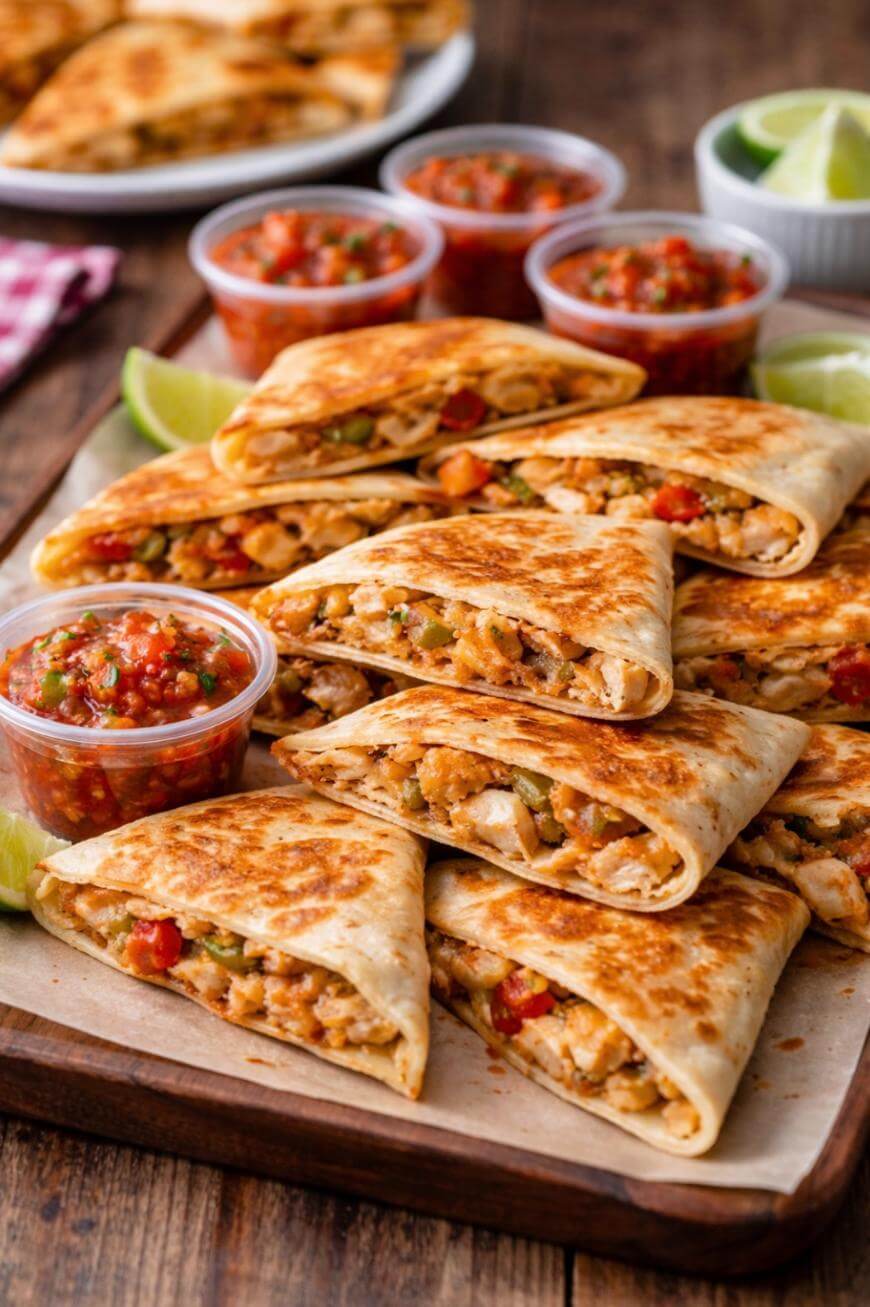 A wooden tray filled with folded, grilled quesadillas stuffed with chicken and vegetables, served with small cups of salsa and lime wedges.