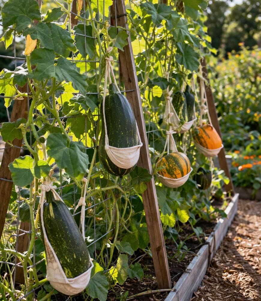 Large squash and gourds grow vertically on a garden trellis, each supported by a cloth sling to prevent falling, surrounded by green leaves and other garden plants.