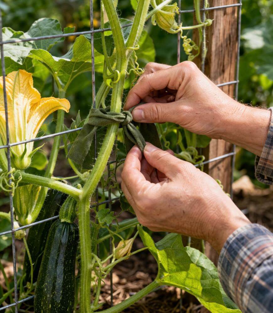 Hands tying a green cloth around a zucchini plant stem to secure it to a wire trellis in a garden, with a yellow flower and green leaves visible.