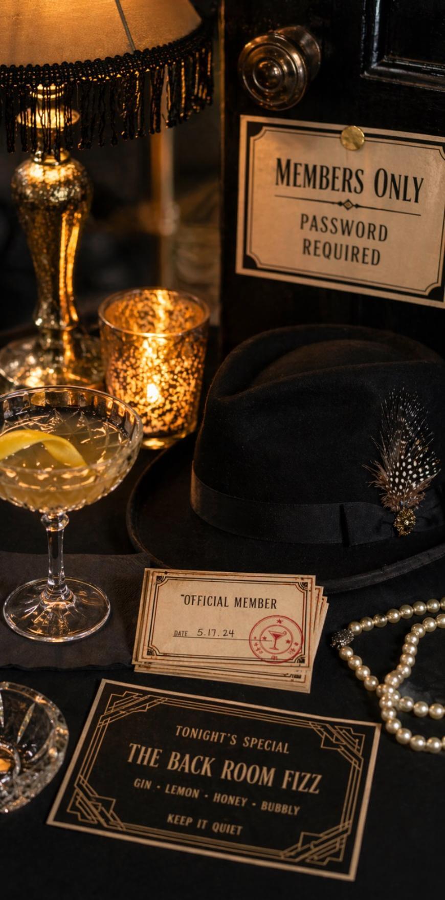 A vintage speakeasy scene with a cocktail, a black hat with a feather, string of pearls, a lit candle, and signs reading MEMBERS ONLY, PASSWORD REQUIRED and THE BACK ROOM FIZZ. An official member card is also shown.