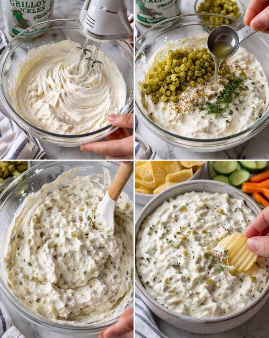 Four photos show steps to make pickle dip: mixing creamy ingredients with a hand mixer, adding chopped pickles and herbs, stirring together, and serving the finished dip with potato chips and sliced vegetables.