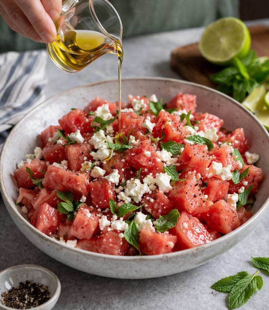 A hand pours olive oil from a small glass pitcher onto a bowl of watermelon salad topped with crumbled feta cheese, fresh mint leaves, and black pepper. Lime, mint, and a pepper dish are nearby on the table.