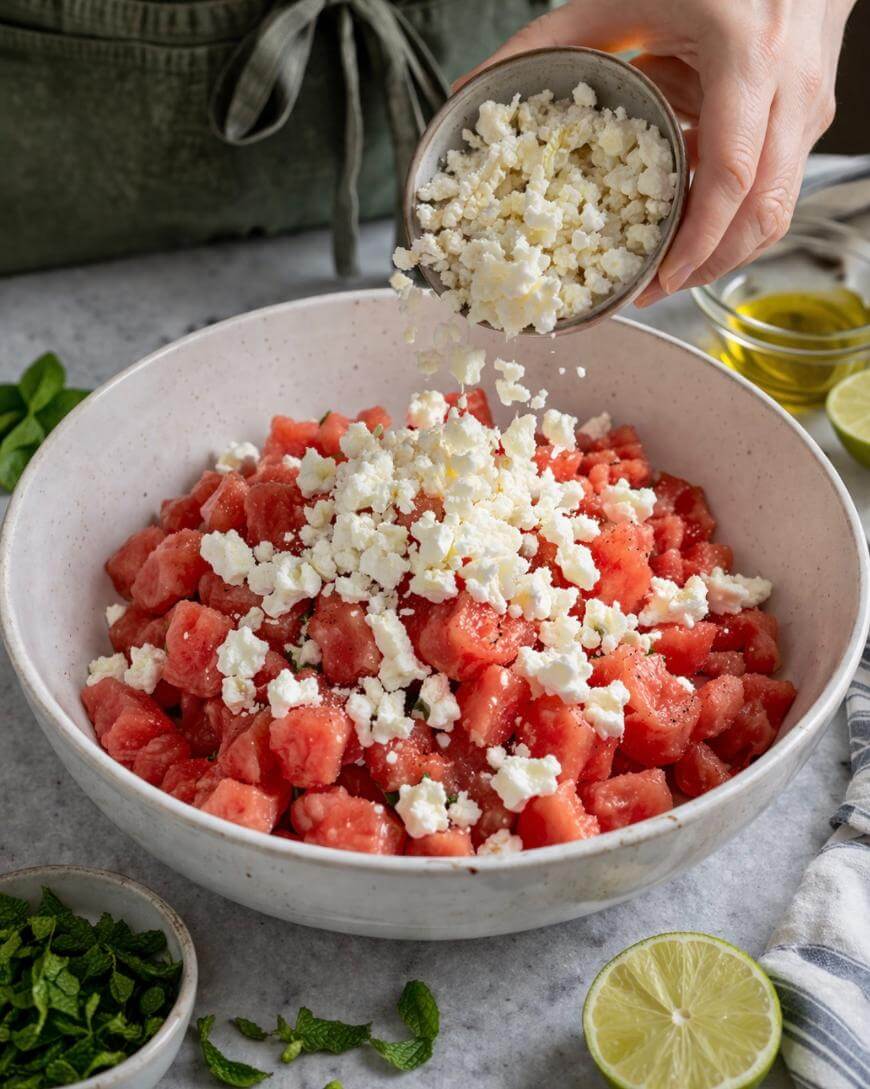 A hand sprinkles crumbled feta cheese over a bowl of cubed watermelon. Fresh mint, lime halves, and a small pitcher of olive oil are nearby on the table.