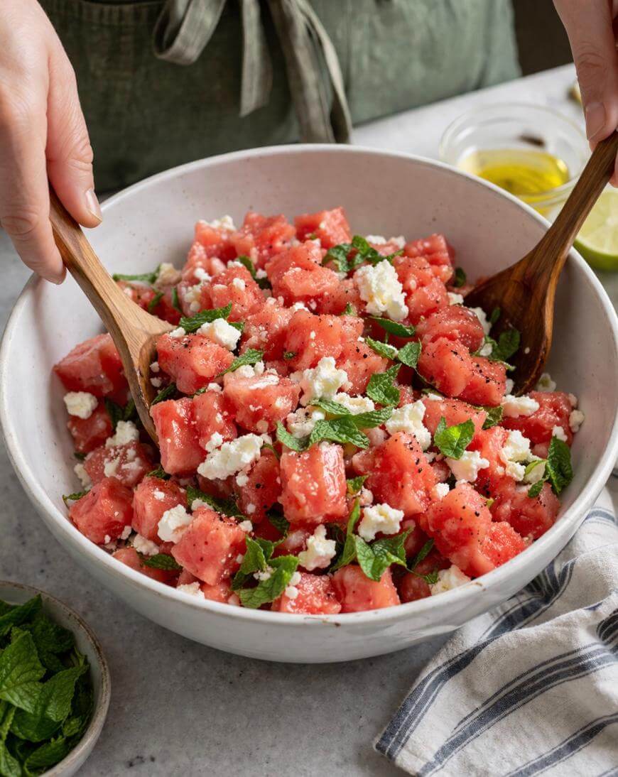 A person tosses a salad made of watermelon cubes, crumbled feta cheese, and fresh mint leaves in a white bowl using wooden utensils. A striped cloth and small bowls with ingredients are nearby.