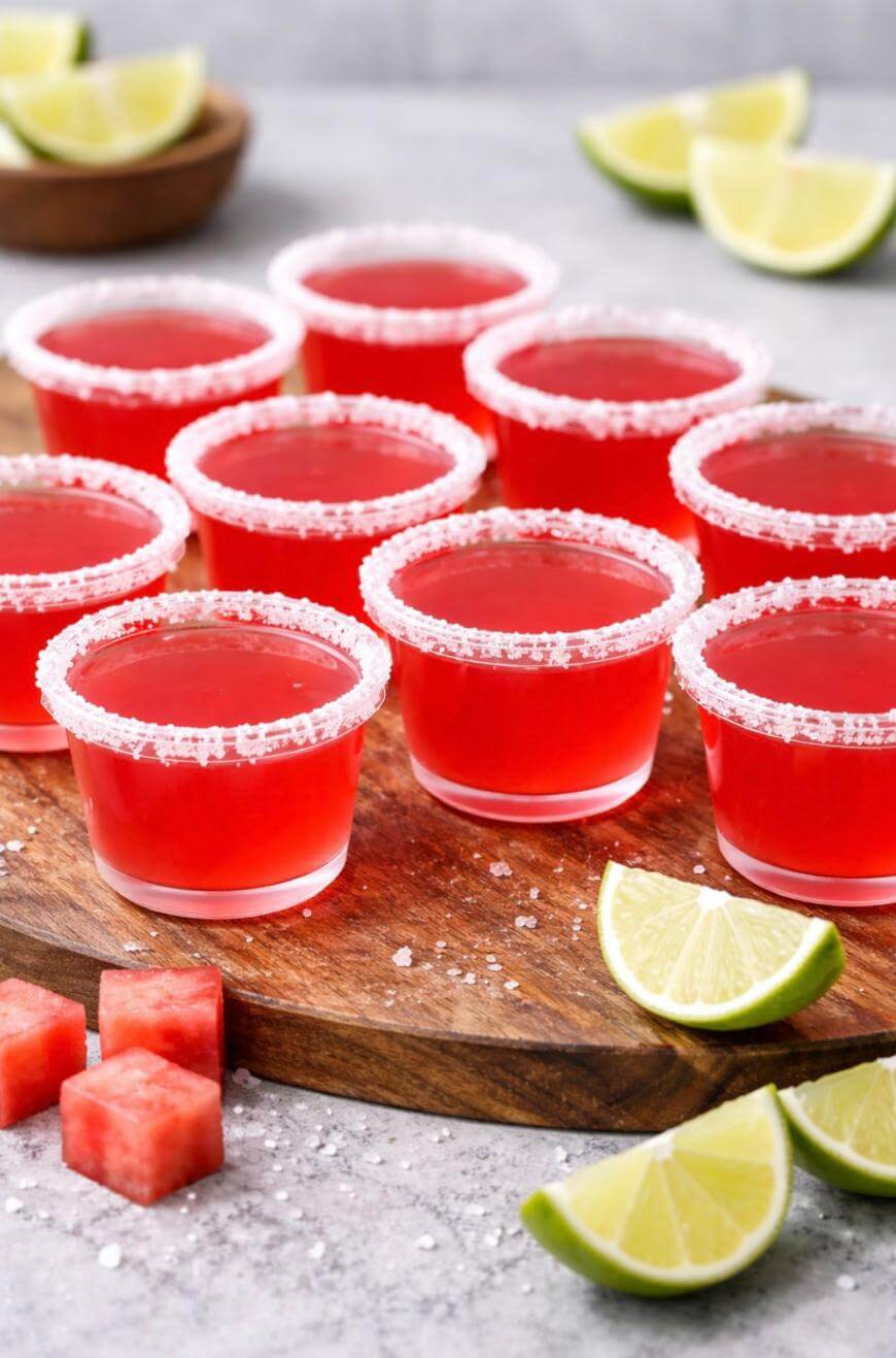 Ten red gelatin shots with salted rims are arranged on a wooden board, surrounded by lime wedges and watermelon cubes. The background features more lime slices and a neutral gray surface.