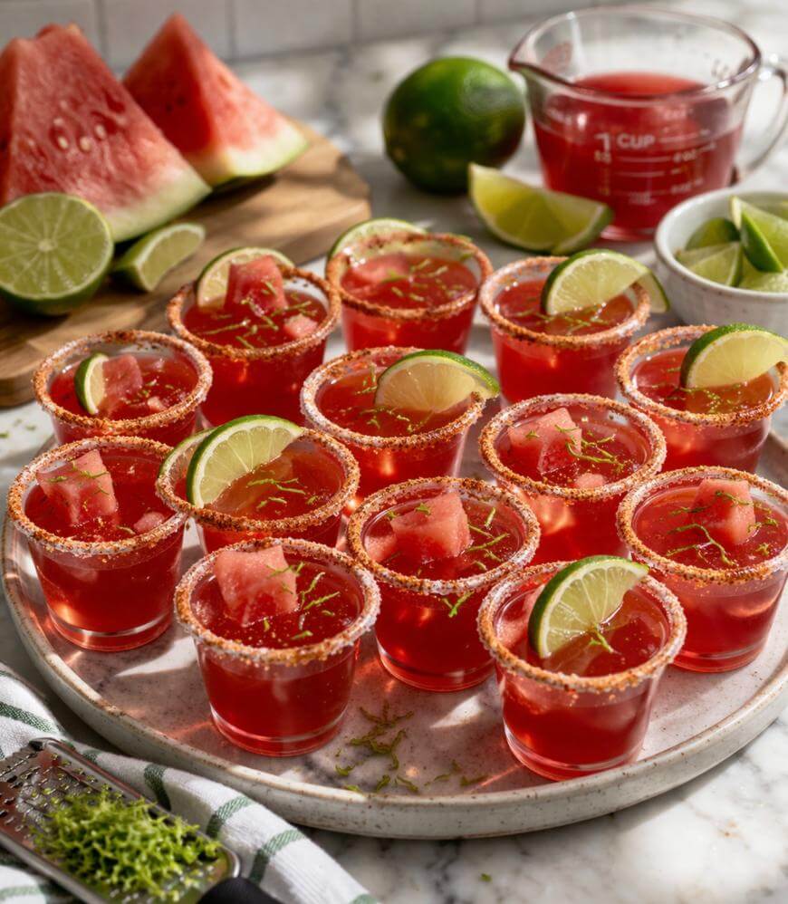 A plate of red watermelon-flavored drinks in small glasses with chili-rimmed edges, each garnished with lime wedges and watermelon cubes. Sliced limes, watermelon, and a measuring cup of juice are in the background.