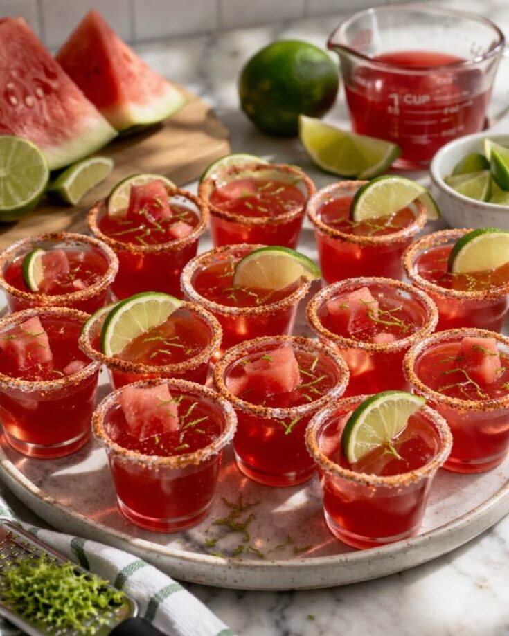 A plate of red watermelon-flavored shots in clear cups, each garnished with a lime wedge or watermelon piece and chili powder on the rims. Fresh lime wedges, a lime, and watermelon slices are in the background.