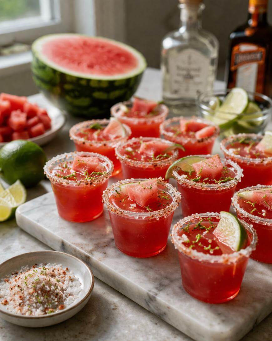 Small plastic cups filled with bright red watermelon margaritas, garnished with salt rims, lime wedges, and watermelon cubes, are arranged on a marble slab. Bottles, lime slices, and a halved watermelon are in the background.