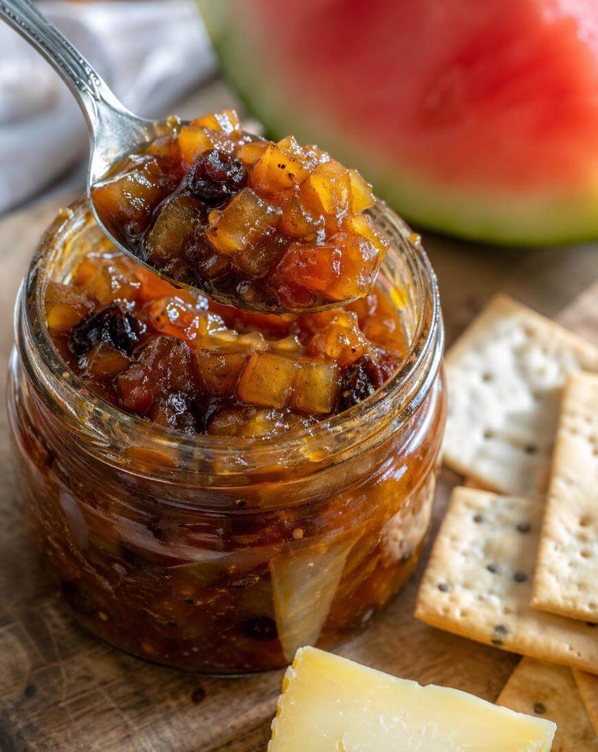 A spoonful of chunky chutney is being lifted from a glass jar, surrounded by crackers, cheese, and a slice of watermelon in the background on a wooden surface.