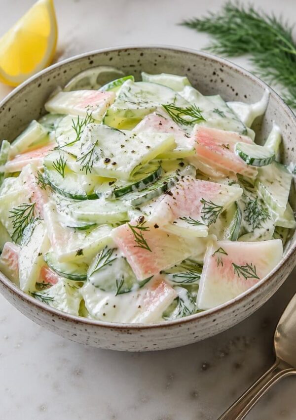 A bowl of creamy cucumber and watermelon radish salad garnished with fresh dill, with a lemon wedge and dill sprig in the background, and a spoon beside the bowl on a marble surface.
