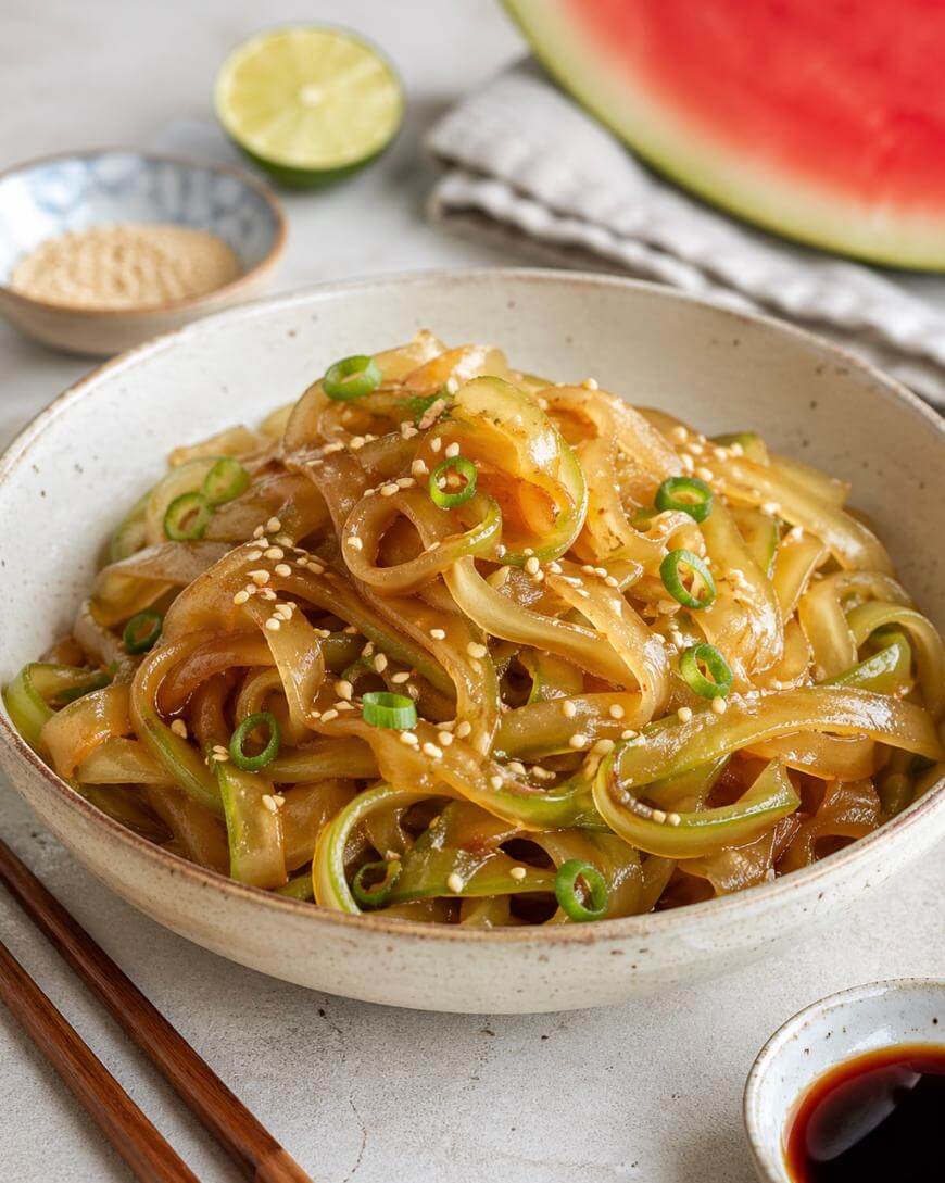 A bowl of wide noodles topped with sesame seeds and chopped green onions, with chopsticks, a small dish of soy sauce, a halved lime, and a slice of watermelon in the background.