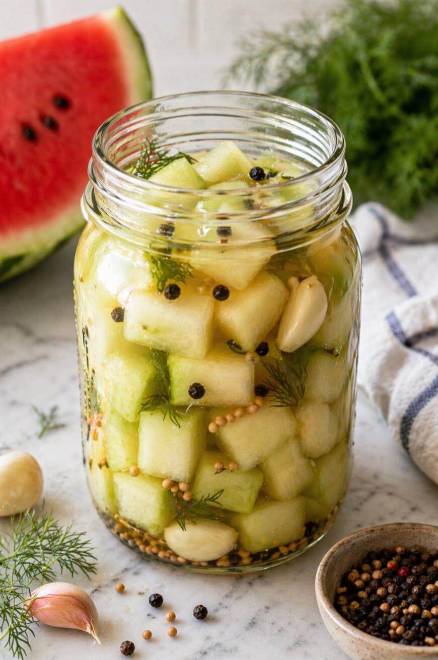 A glass jar filled with pickled watermelon rind cubes, garlic cloves, dill, mustard seeds, and peppercorns, sits on a marble surface with a watermelon slice, garlic, fresh dill, and a bowl of peppercorns nearby.