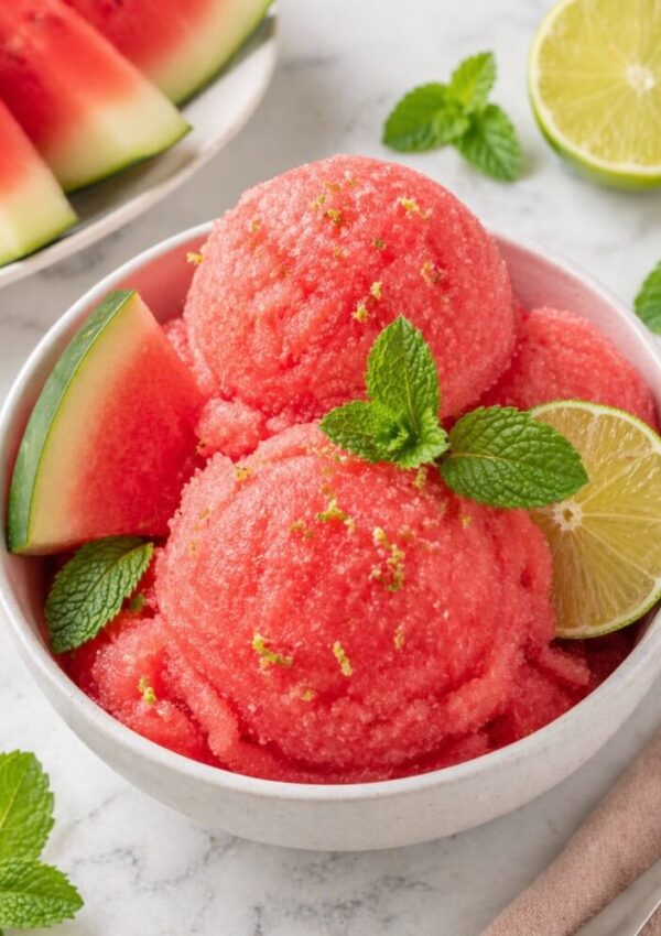 A bowl of bright pink watermelon sorbet garnished with mint leaves, lime zest, a lime slice, and a watermelon wedge. Slices of fresh watermelon and scattered mint leaves are in the background.