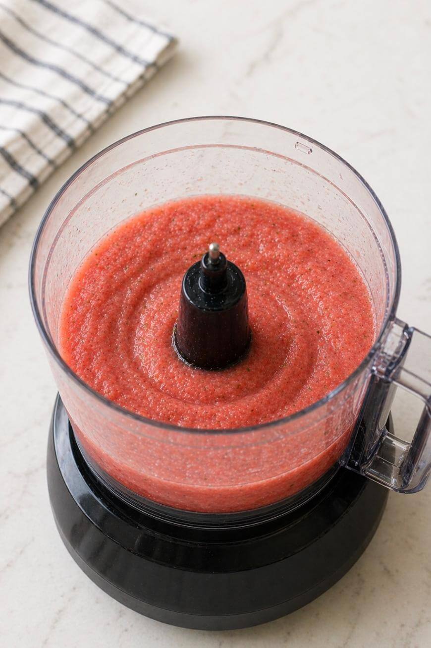 A food processor filled with a smooth, red blended mixture sits on a light countertop, with a striped cloth visible in the background.