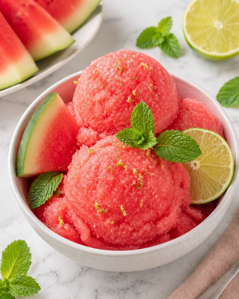 A bowl of bright pink watermelon sorbet garnished with mint leaves, lime zest, a lime slice, and a watermelon wedge. Slices of fresh watermelon and scattered mint leaves are in the background.